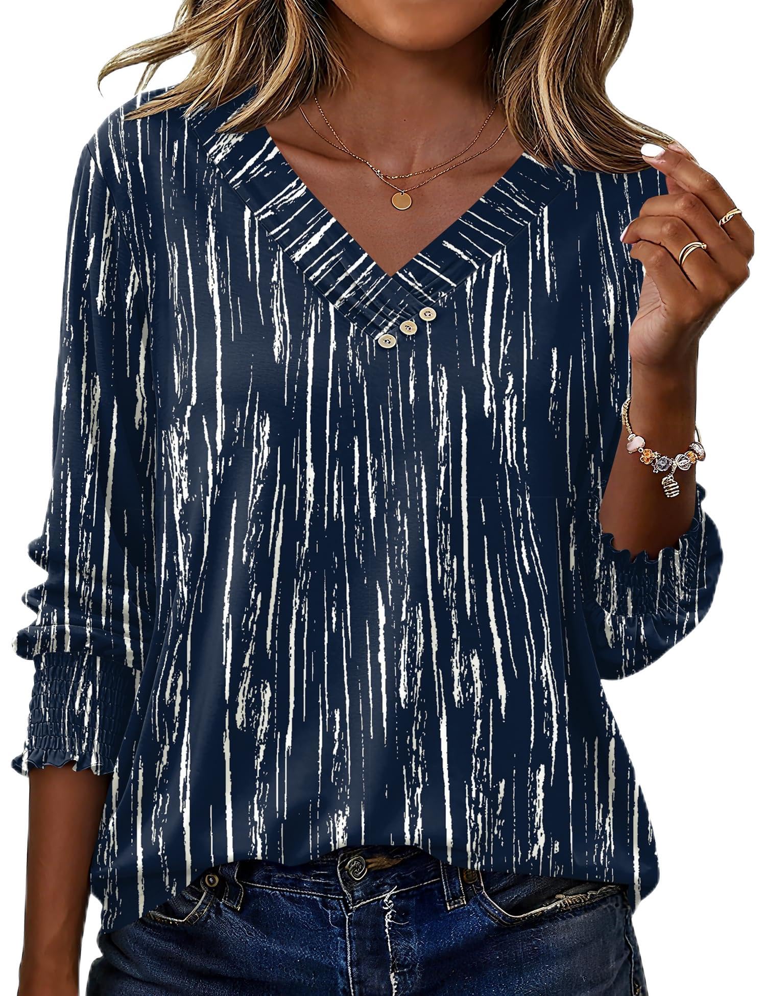 LOMON Blouses for Women Dressy Casual 3/4 Length Sleeve Womens Tops with Buttons Decor