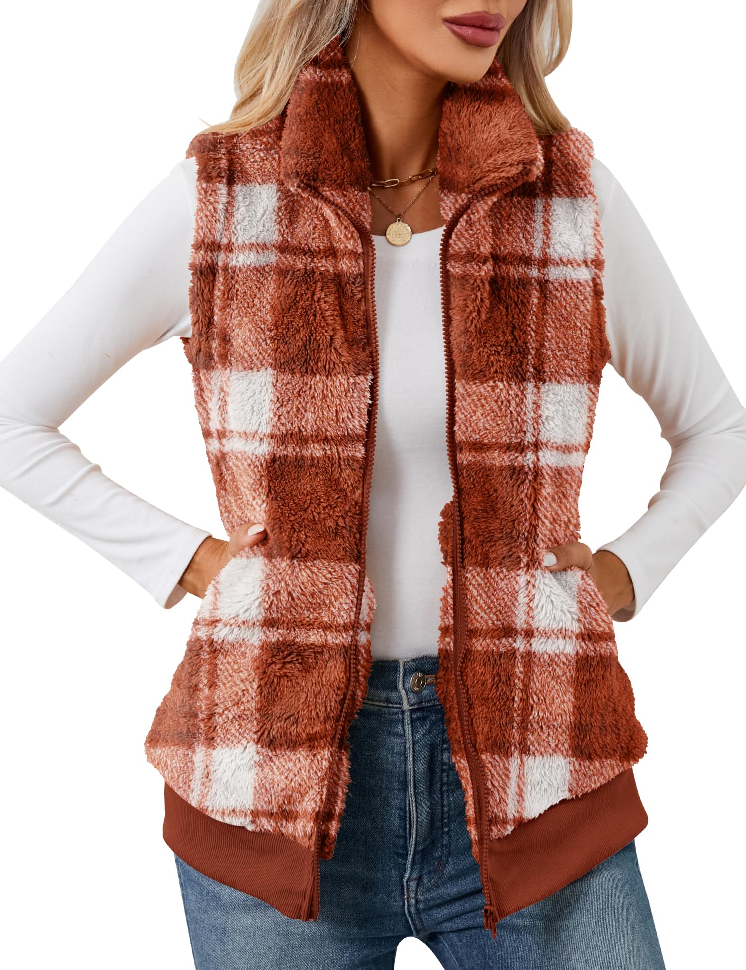 LOMON Womens Fuzzy Fleece Vest, Casual Warm Sleeveless Zip Up Sherpa Vest Jacket with Pockets for Fall/Winter