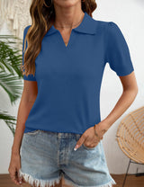 LOMON Womens Puff Short Sleeve Polo Sweater V Neck Knitted Tops Casual Ribbed Shirt Pullover Blouse
