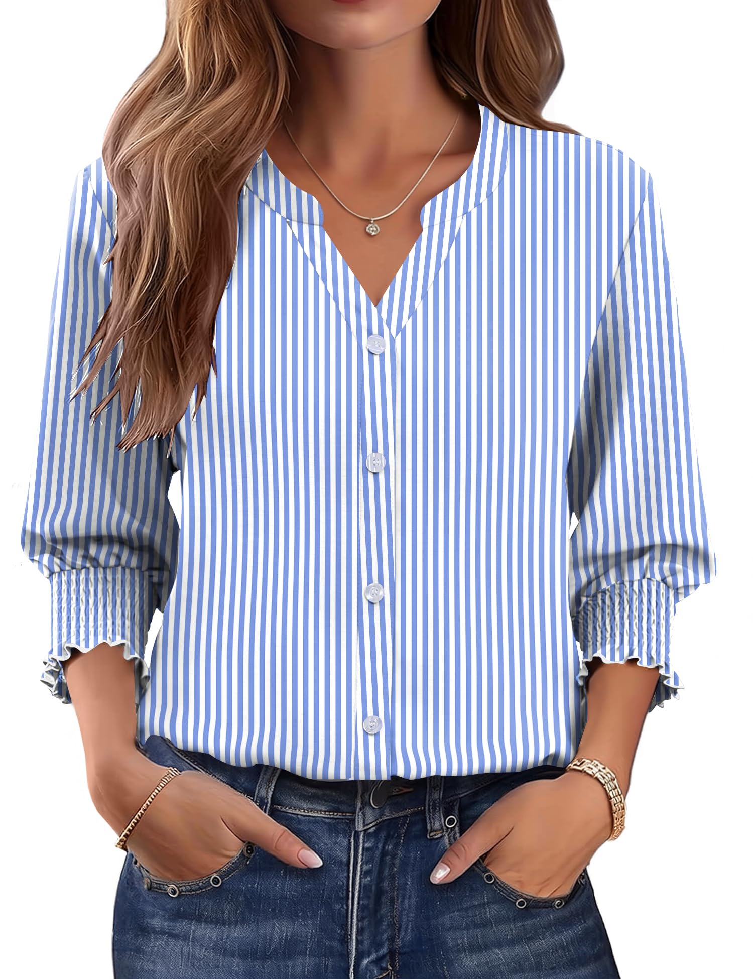 LOMON Button Down Shirts for Women 3/4 Length Sleeve Business Casual Blouses 2026 Summer Tops