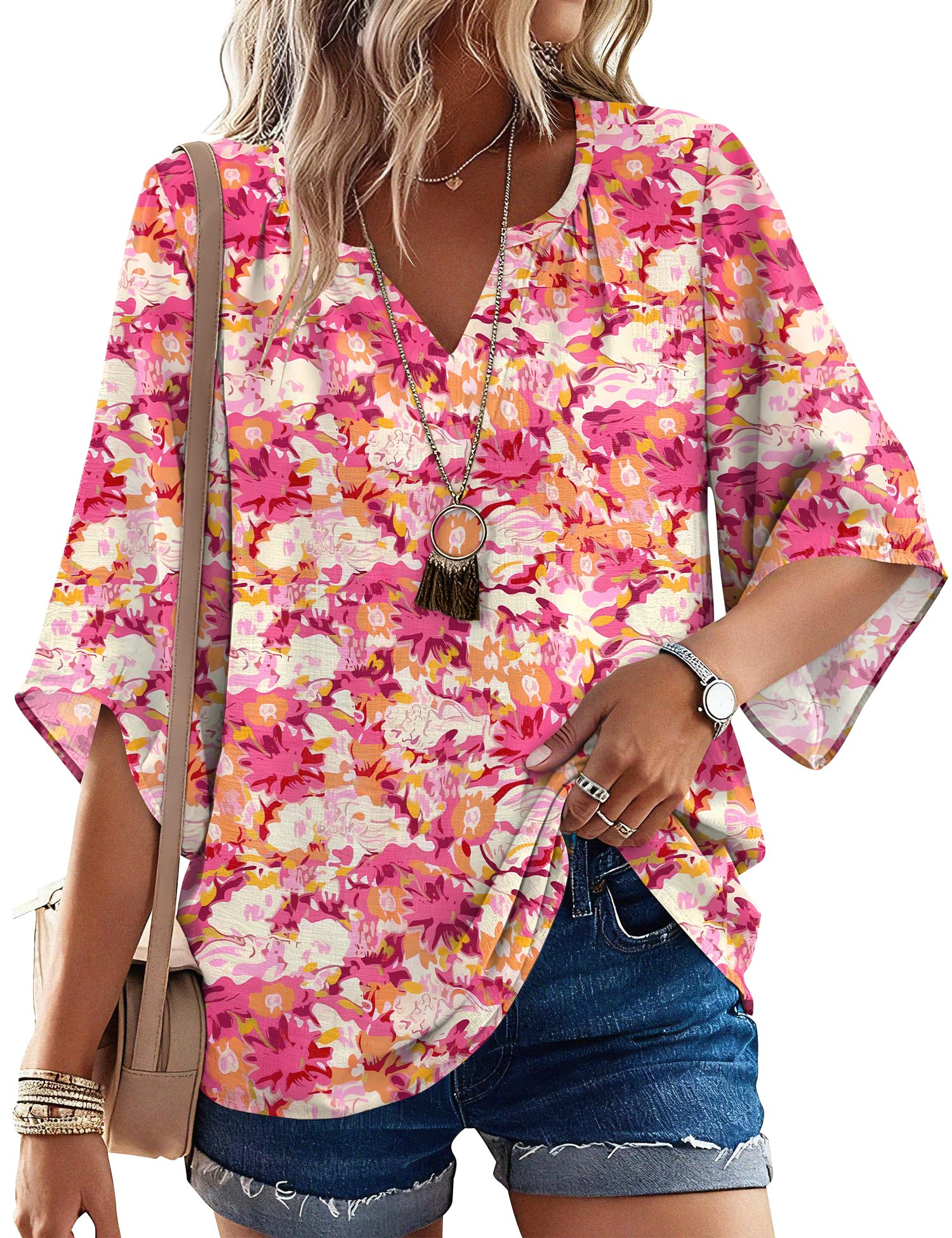 LOMON Women's 3/4 Length Sleeve Boho Tops V Neck Casual Vacation Clothes Loose Fit Tunic Shirts S-3XL