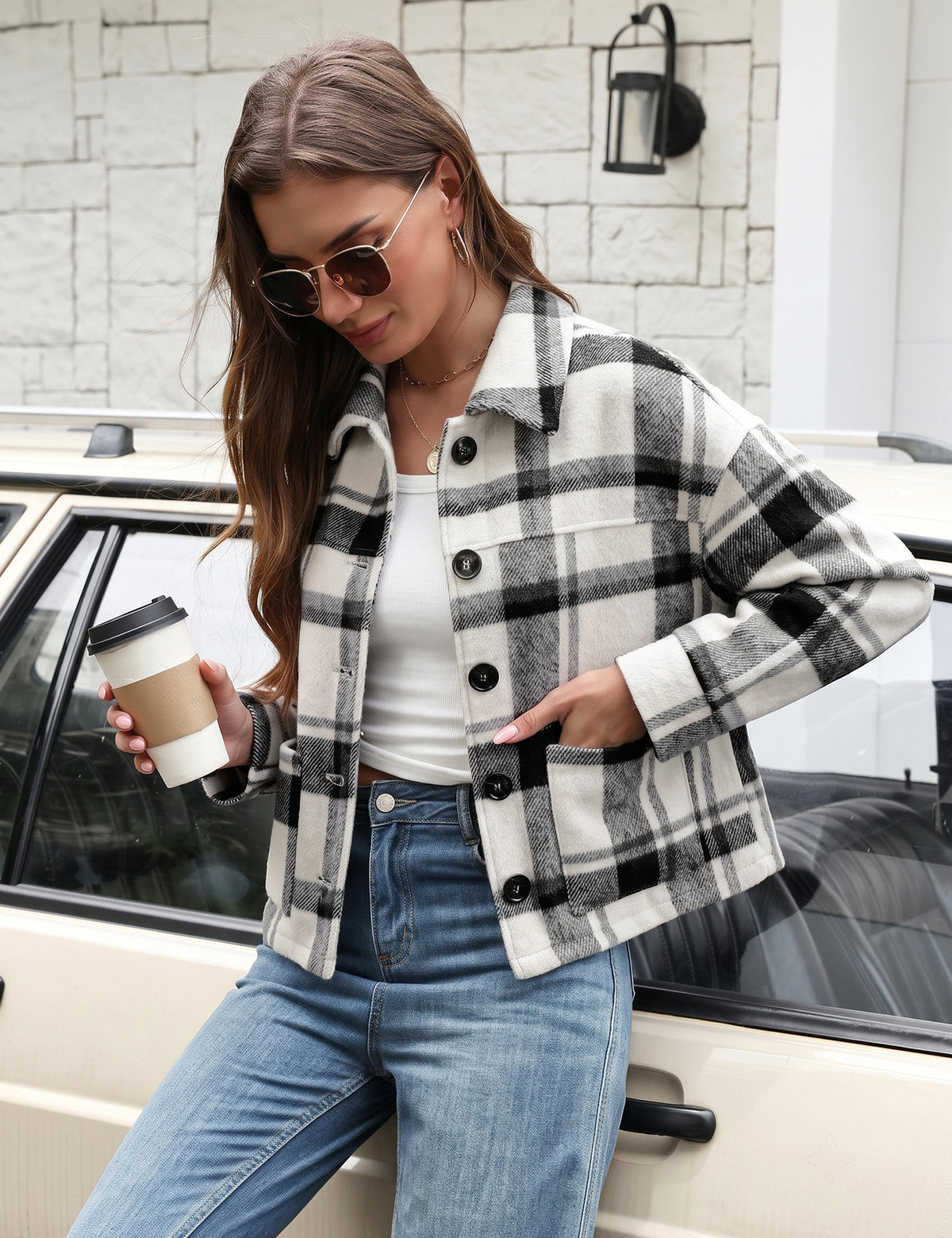 LOMON Women's Flannel Cropped Plaid Shacket Jacket Button Down Fall Outfits