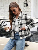 LOMON Women's Flannel Cropped Plaid Shacket Jacket Button Down Fall Outfits