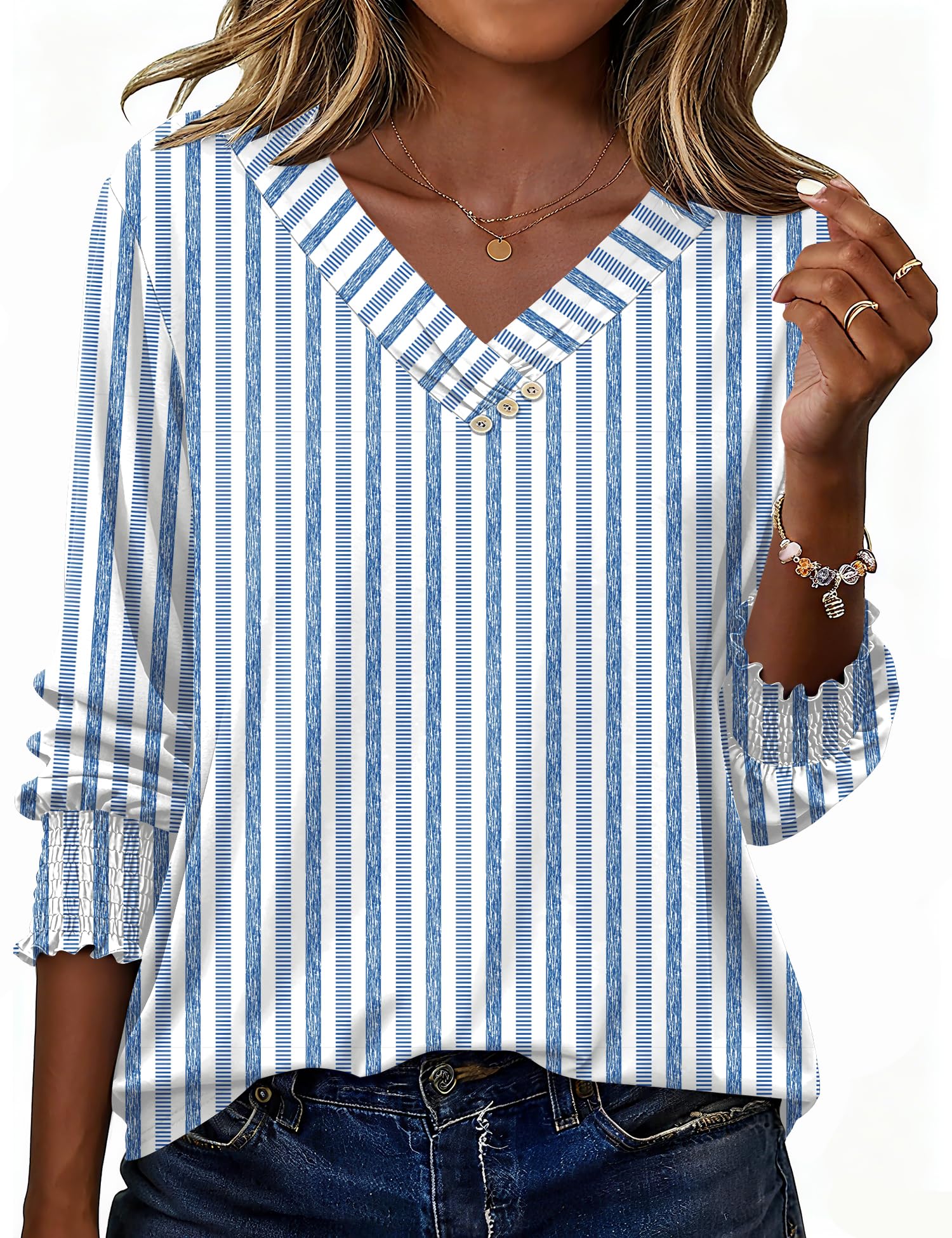 LOMON Blouses for Women Dressy Casual 3/4 Length Sleeve Womens Tops with Buttons Decor