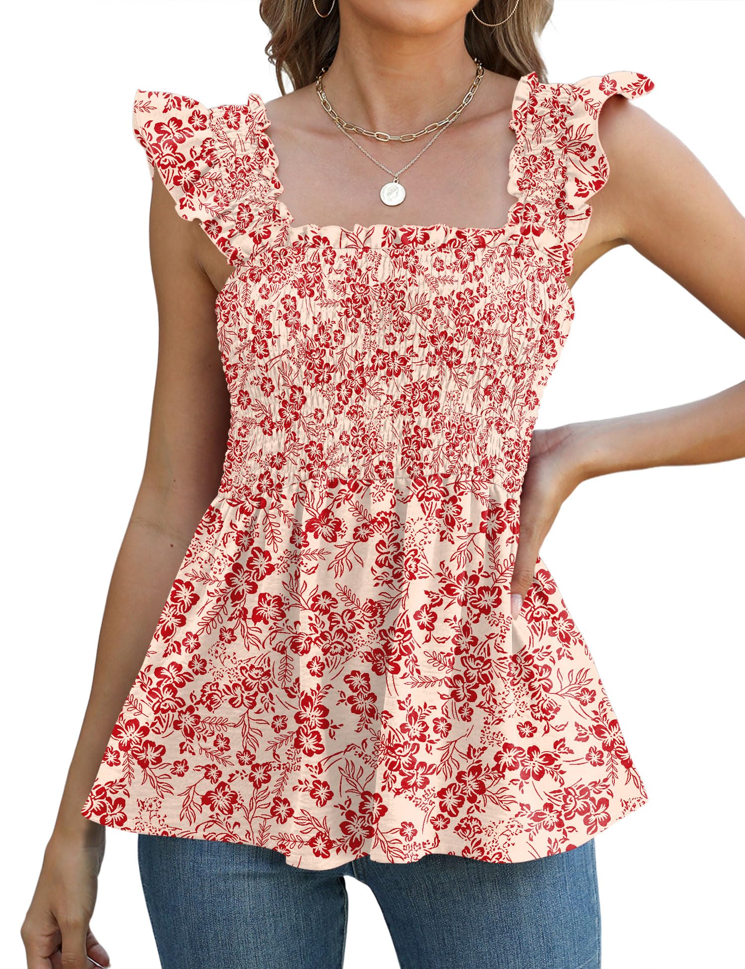 LOMON Womens Tank Tops Fashion Summer Ruffle Flying Sleeve Smocked Blouses Square Neck Sleeveless Shirts Babydoll Shirt