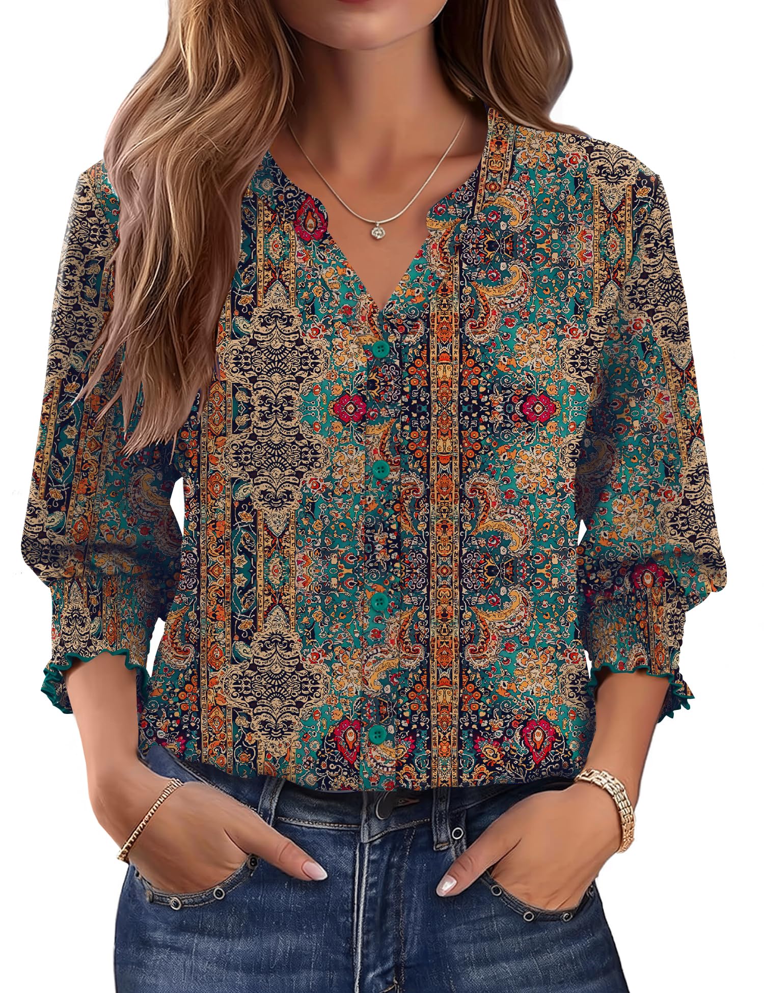 LOMON Button Down Shirts for Women 3/4 Length Sleeve Business Casual Blouses 2026 Summer Tops