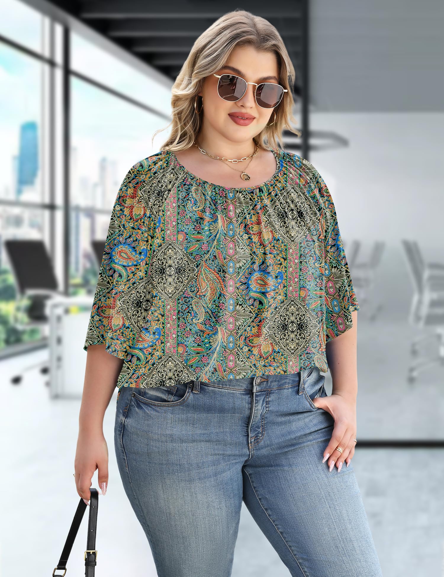 LOMON Womens Plus Size Tops Summer 3/4 Length Sleeve Crewneck Blouses Dressy Casual Loose Curvy Flowy Tunic Shirts 1X-5X