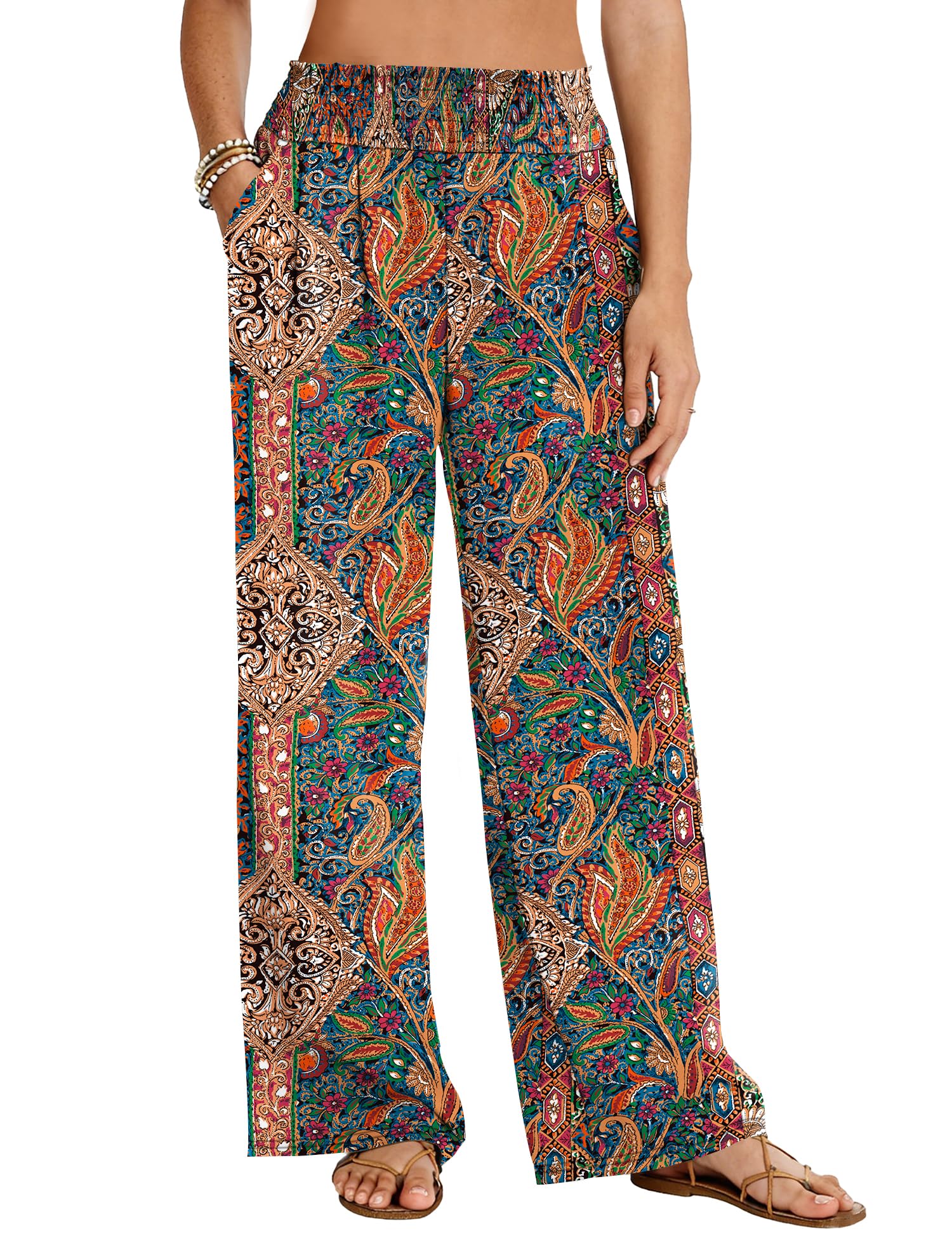 LOMON Womens Elastic High Waisted Palazzo Pants Casual Wide Leg Long Beach Vacation Trousers with Pockets