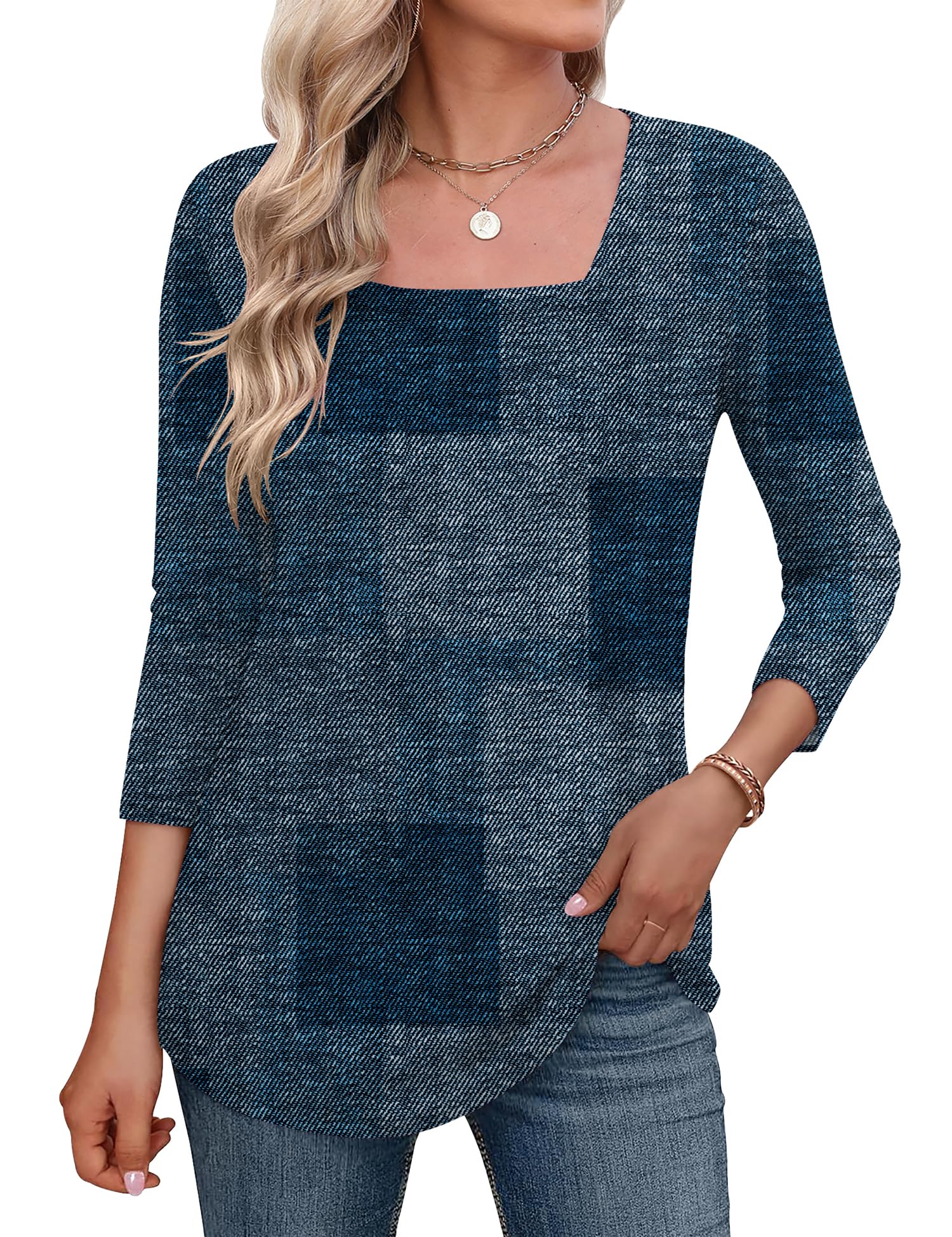LOMON Women's 3/4 Sleeve Shirts Square Neck Summer Tops Dressy Casual Basic Tees Ladies T Shirts Blouses
