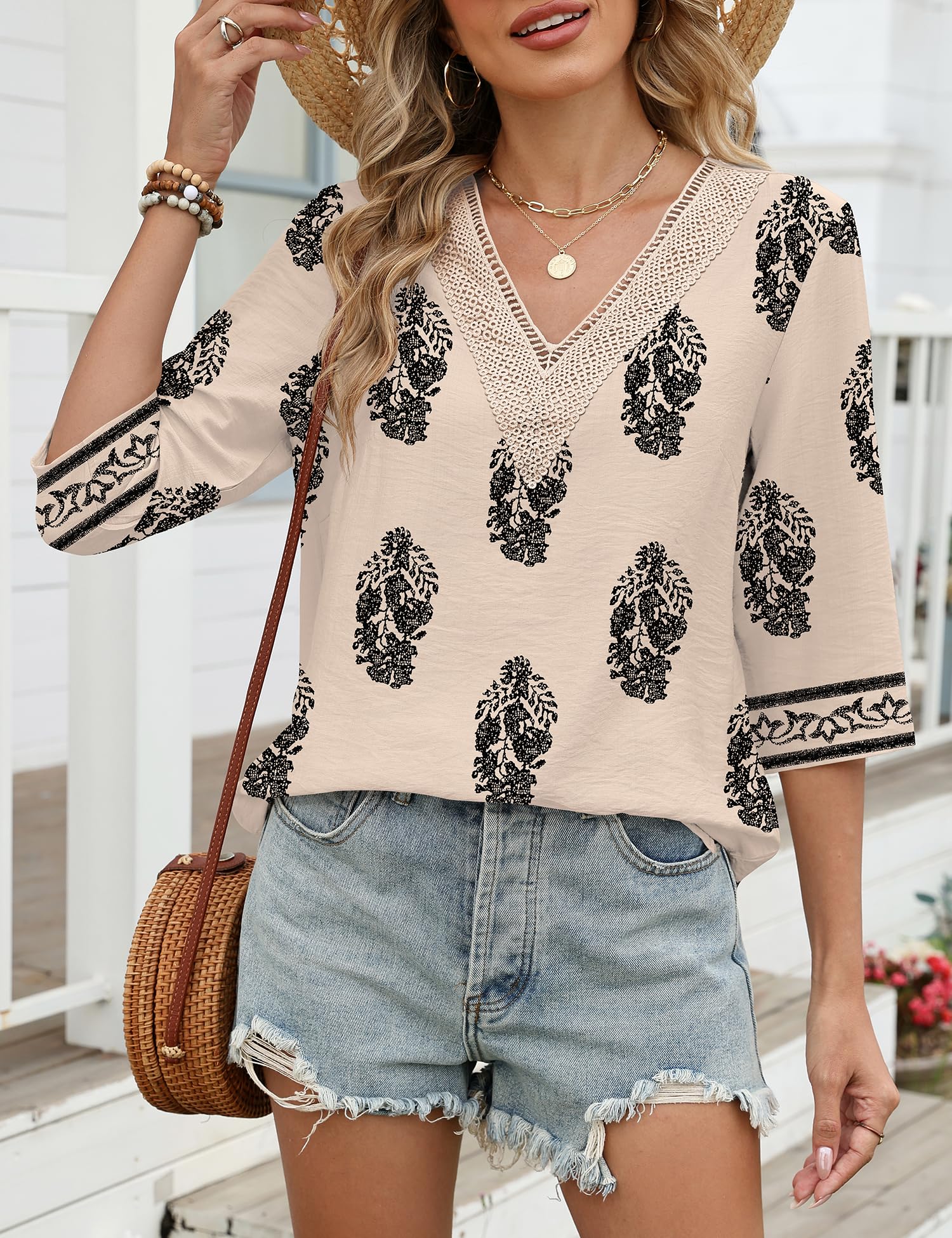 LOMON Women's 3/4 Length Sleeve Boho Tops V Neck Lace Summer Outfits Dressy Casual Flowy Shirts Vacation Clothes Blouses