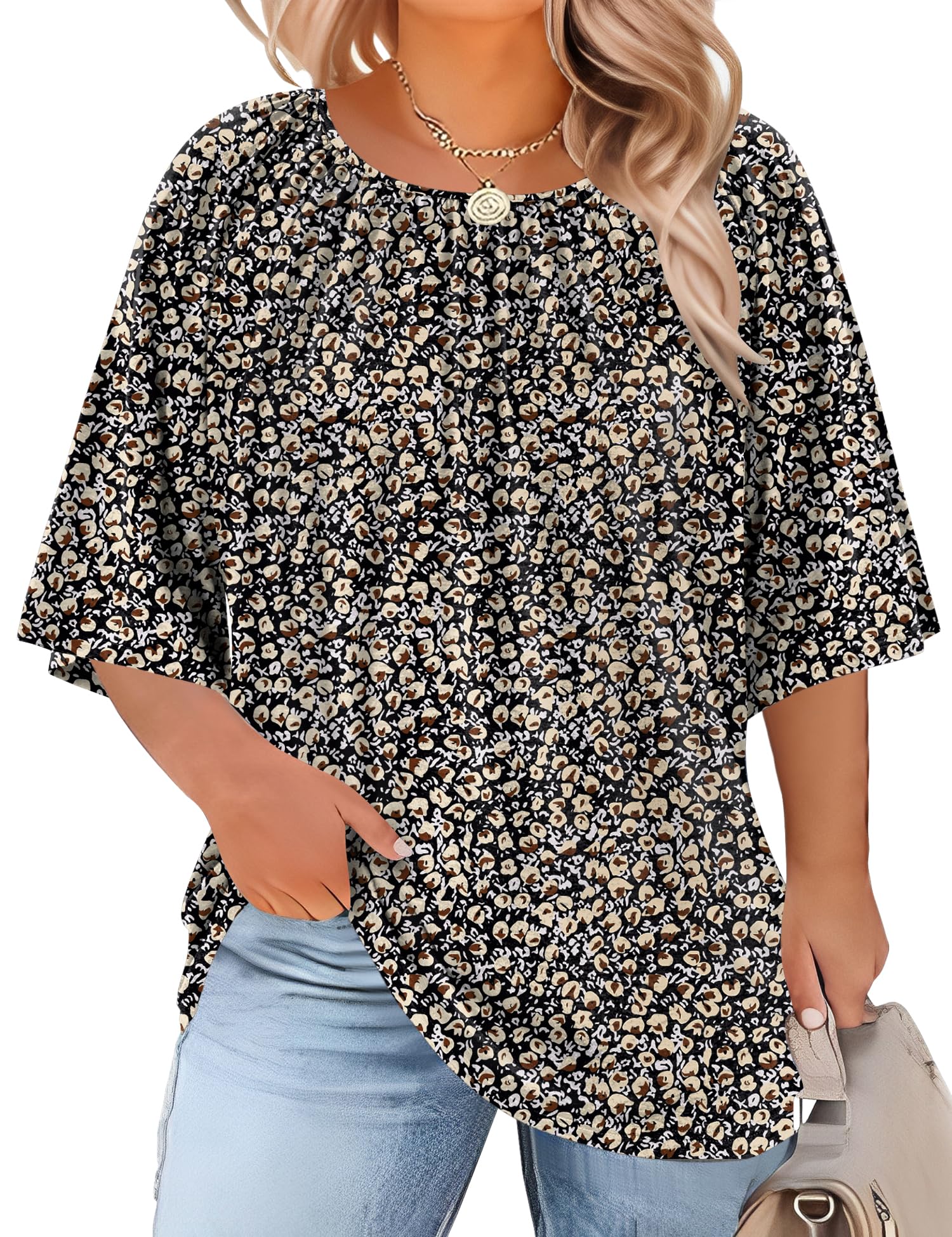 LOMON Womens Plus Size Tops Summer 3/4 Length Sleeve Crewneck Blouses Dressy Casual Loose Curvy Flowy Tunic Shirts 1X-5X