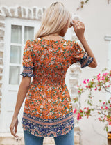 LOMON Women's Tunics Square Neck Puff Short Sleeve Smocked Top Ladies Peplum Blouse Tee Shirts 2025 Spring Summer S-XL