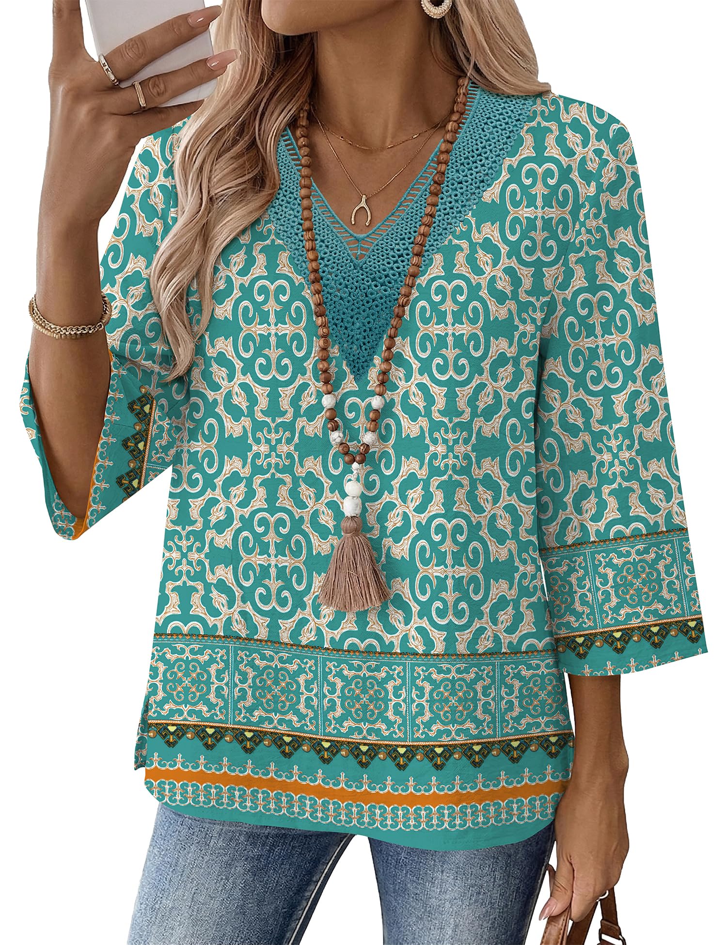 LOMON Women's 3/4 Length Sleeve Boho Tops V Neck Lace Summer Outfits Dressy Casual Flowy Shirts Vacation Clothes Blouses