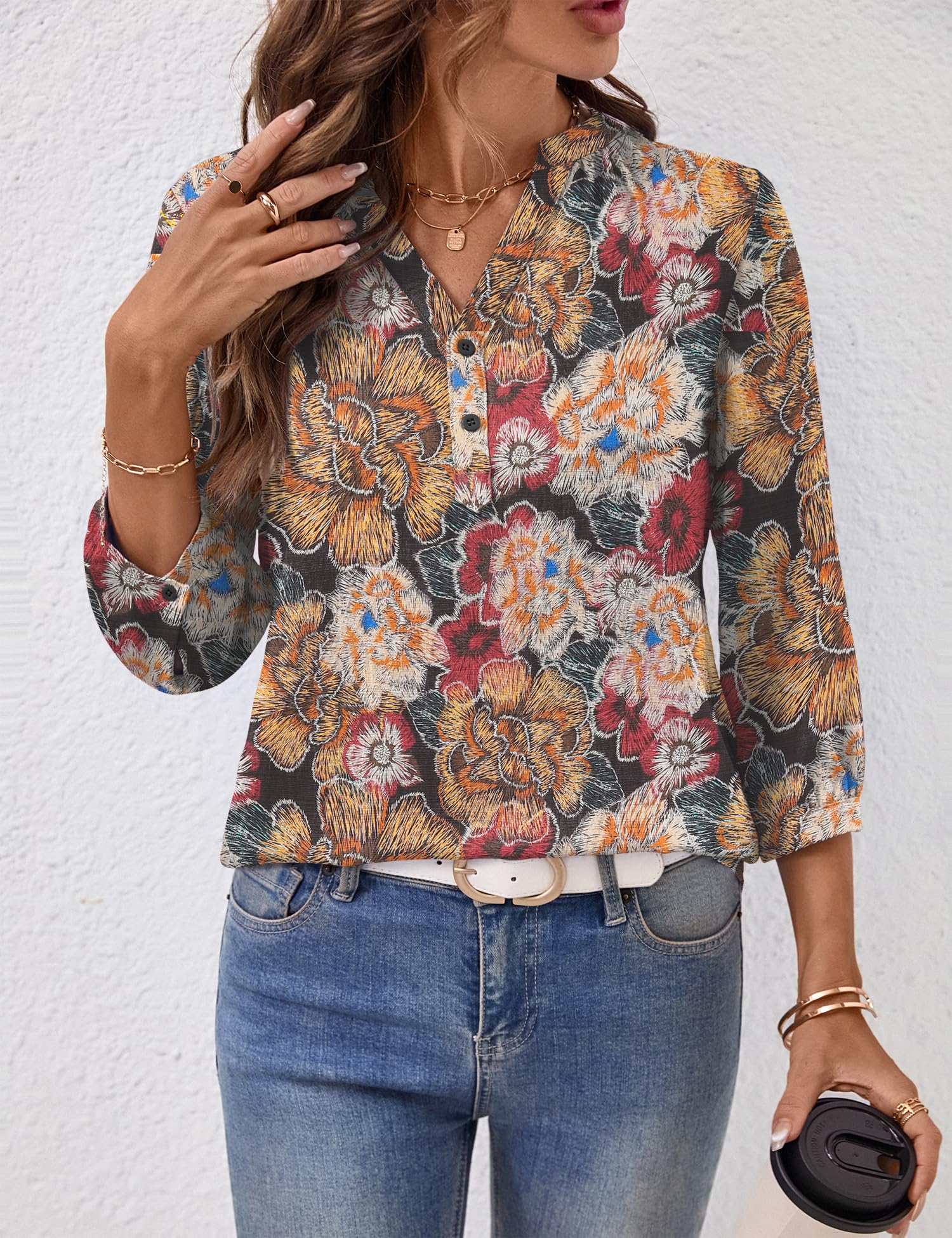 LOMON Womens Tops Dressy Summer 3/4 Length Sleeve Henley V Neck Button Down Shirts Pleated Blouses S-XXL