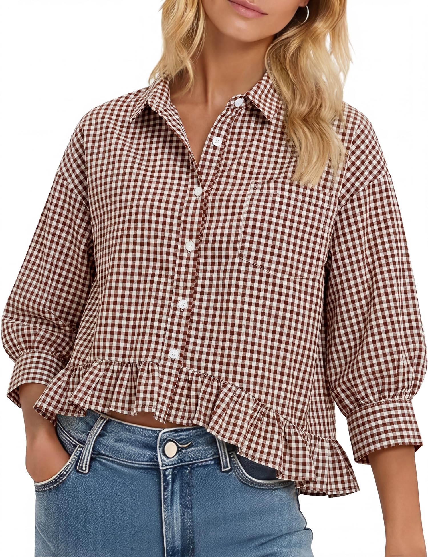 LOMON Womens 3/4 Sleeve Button Down Tops Dressy Casual Collared Shirts Blouses Ruffle Babydoll Tops Loose Fit