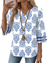 LOMON Womens 3/4 Sleeve V Neck Bohemian Blouses Casual Loose Fit Tunic Tops Vacation Clothes