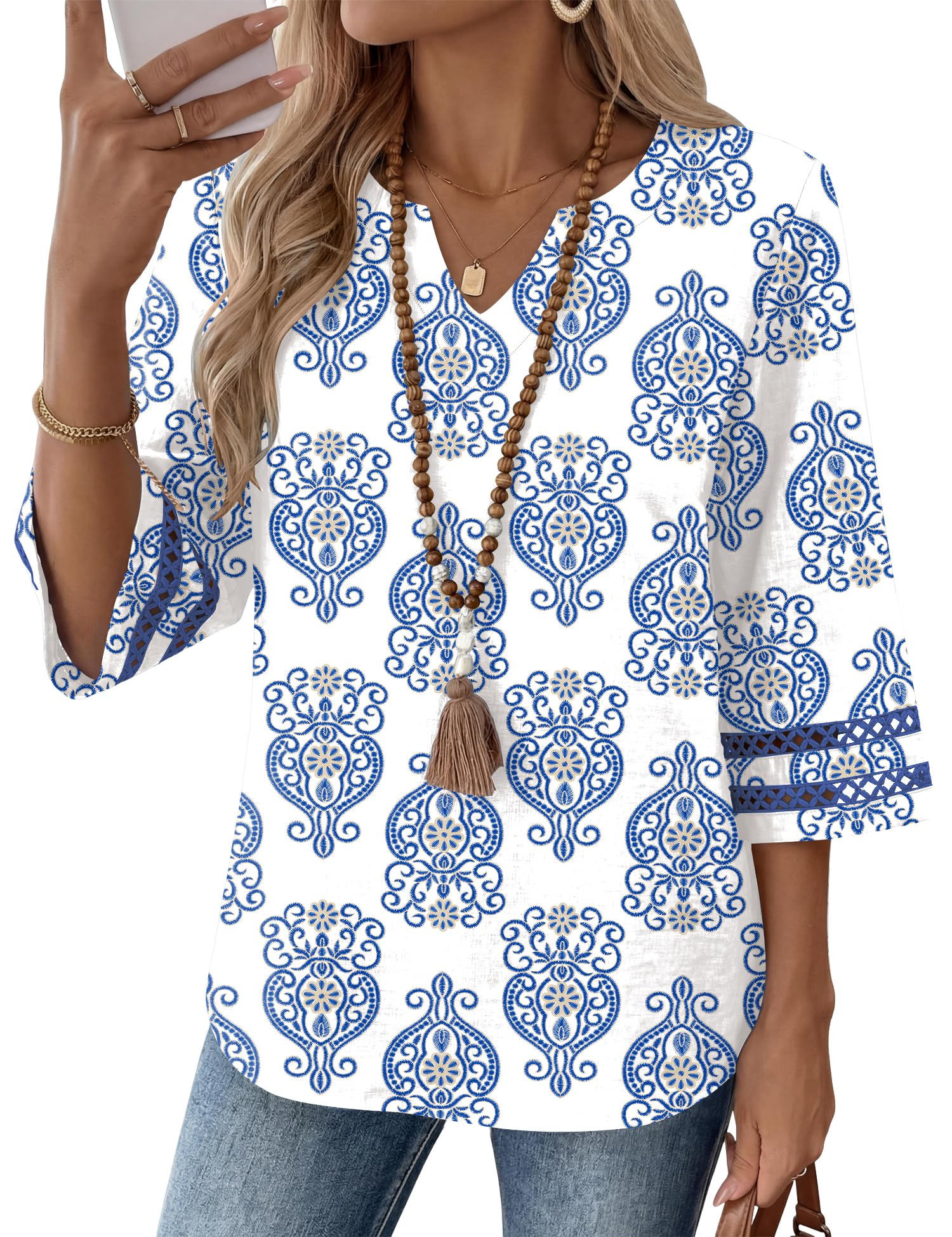 LOMON Womens 3/4 Sleeve V Neck Bohemian Blouses Casual Loose Fit Tunic Tops Vacation Clothes