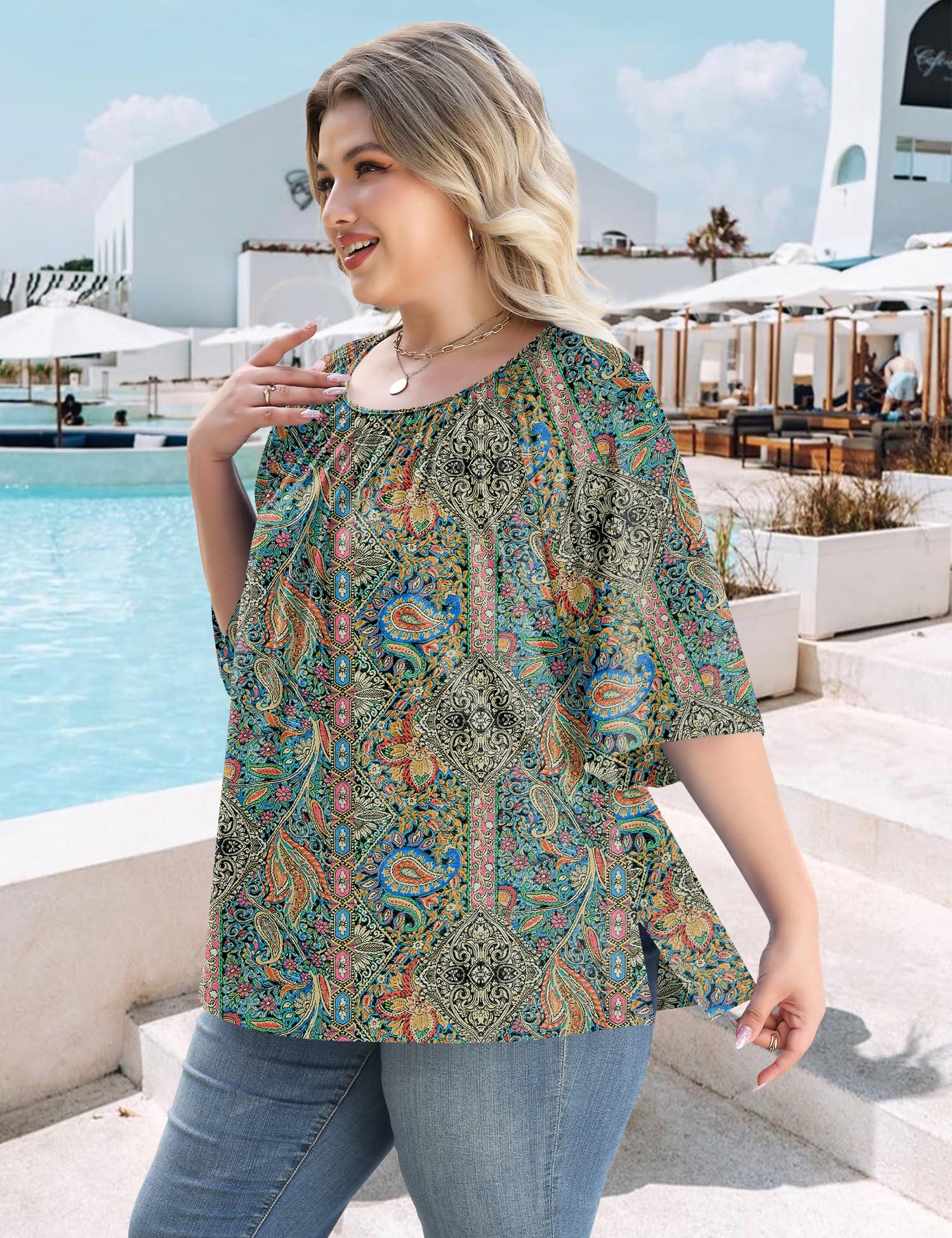 LOMON Womens Plus Size Tops Summer 3/4 Length Sleeve Crewneck Blouses Dressy Casual Loose Curvy Flowy Tunic Shirts 1X-5X