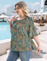 LOMON Womens Plus Size Tops Summer 3/4 Length Sleeve Crewneck Blouses Dressy Casual Loose Curvy Flowy Tunic Shirts 1X-5X