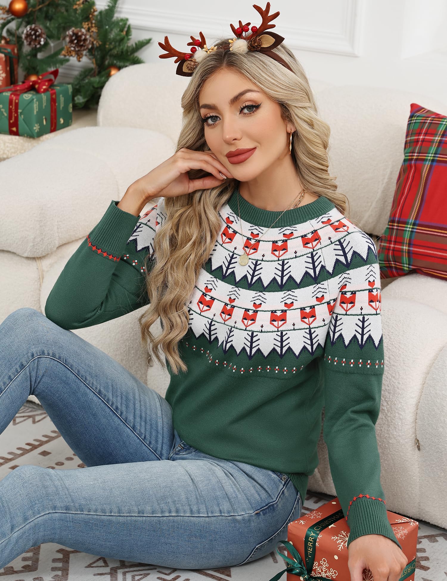 LOMON Womens Casual Lightweight Vintage Fair Isle Sweater Raglan Sleeve Crew Neck Knitted Pullover Comfy Warm Fall Tops