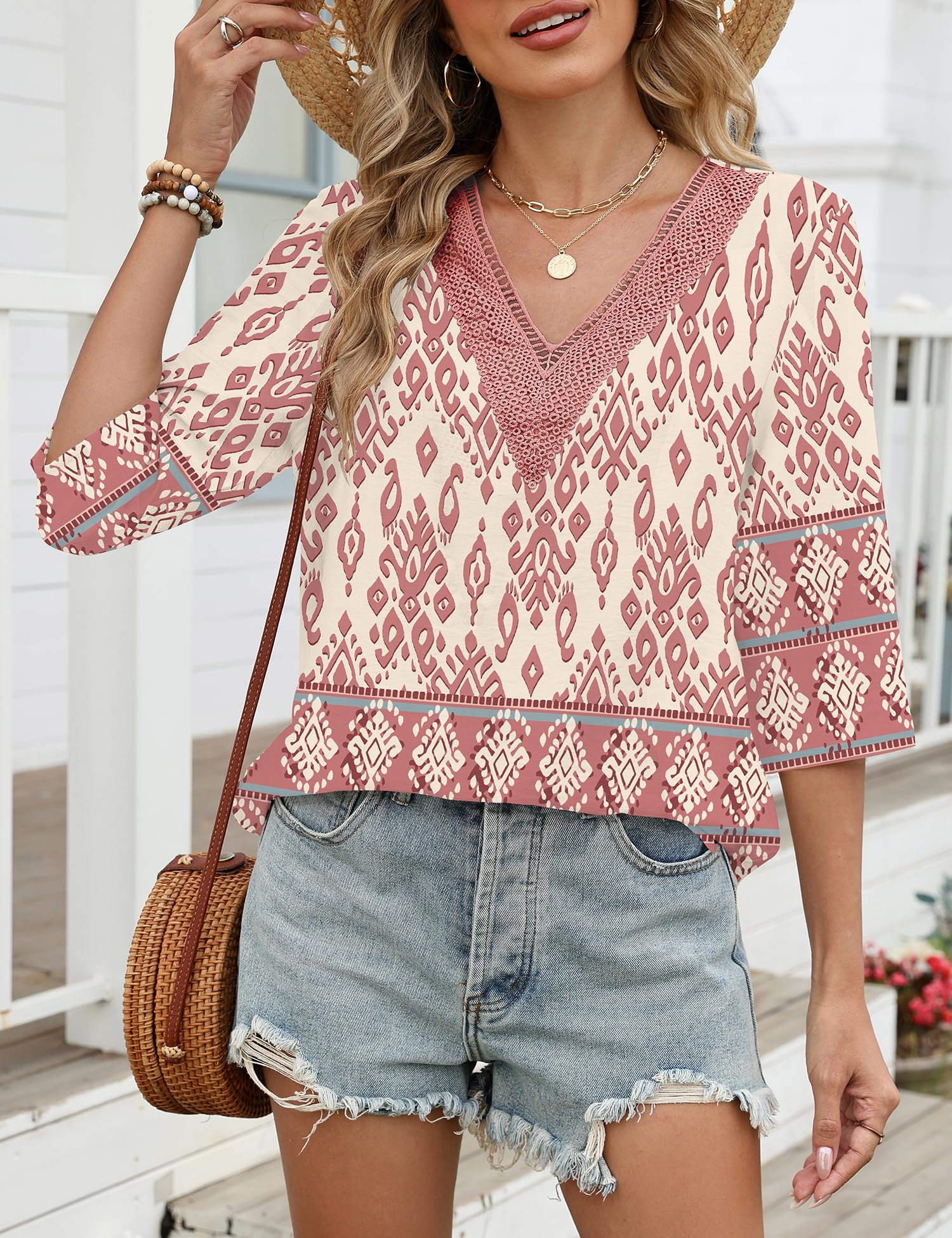 LOMON Women's 3/4 Length Sleeve Boho Tops V Neck Lace Summer Outfits Dressy Casual Flowy Shirts Vacation Clothes Blouses