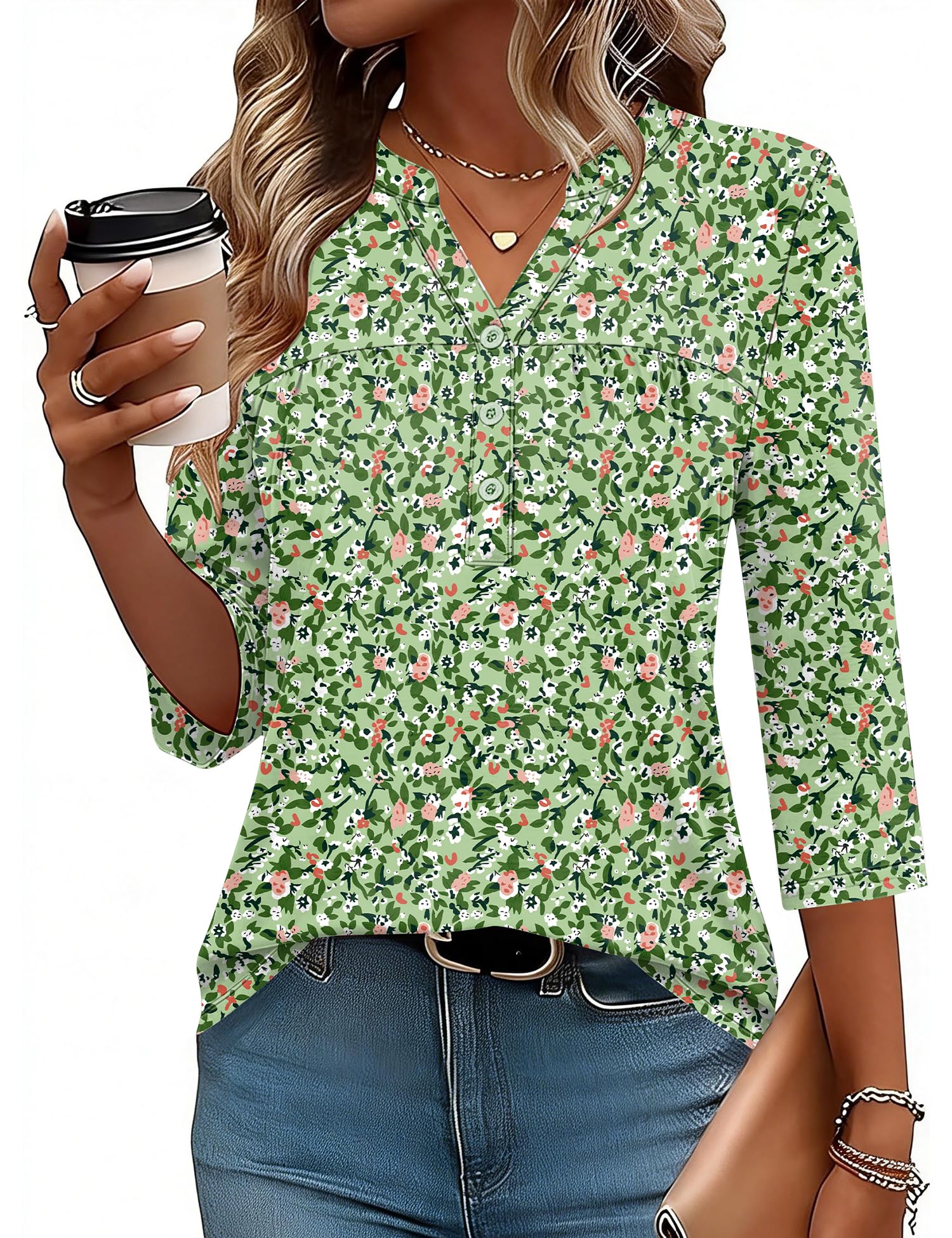 LOMON Womens Tops 3/4 Sleeve Botton Down Shirts Casual V Neck Tunic Blouses Pleated Fashion Summer Tees 2026 Trendy S-3XL