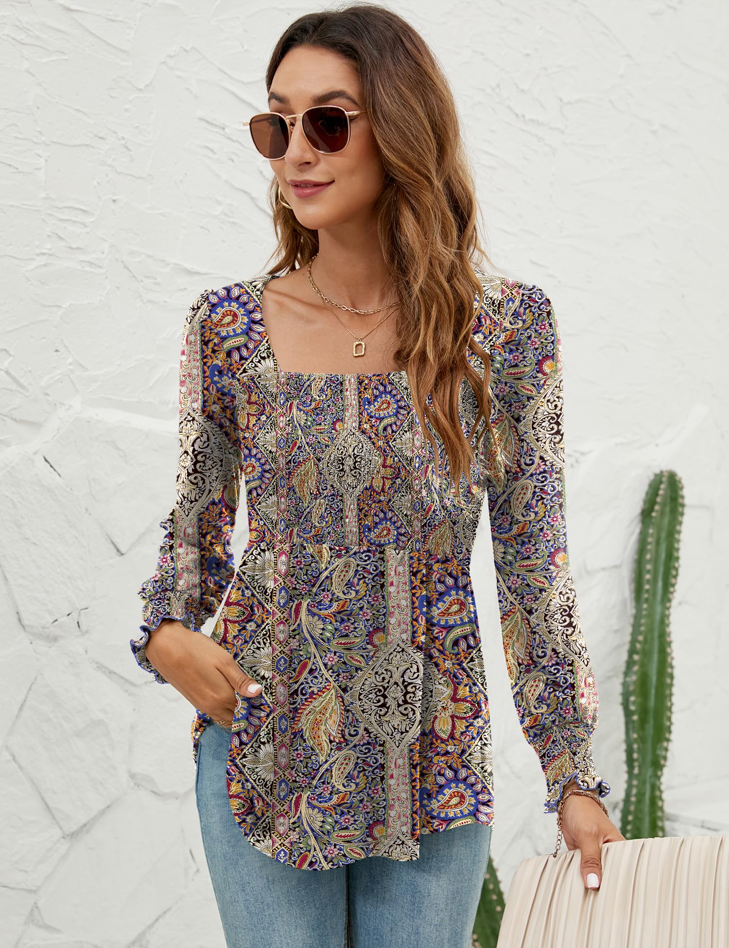LOMON Blouses for Women Puff Long Sleeve Shirts Square Neck Casual Smocked Tunic Tops 2024 Spring Fall Winter Clothes S-XL