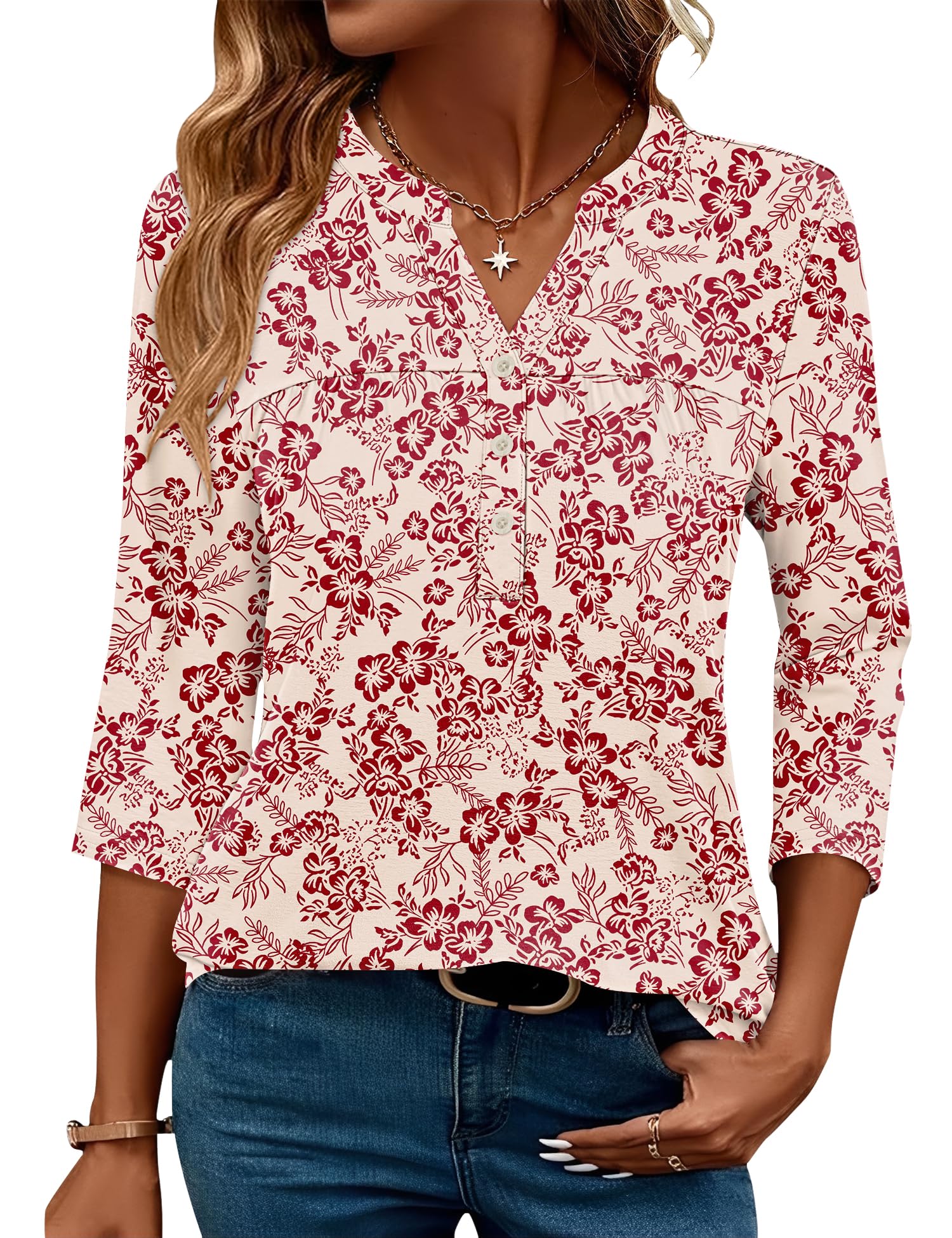 LOMON Womens Tops 3/4 Sleeve Botton Down Shirts Casual V Neck Tunic Blouses Pleated Fashion Summer Tees 2026 Trendy S-3XL
