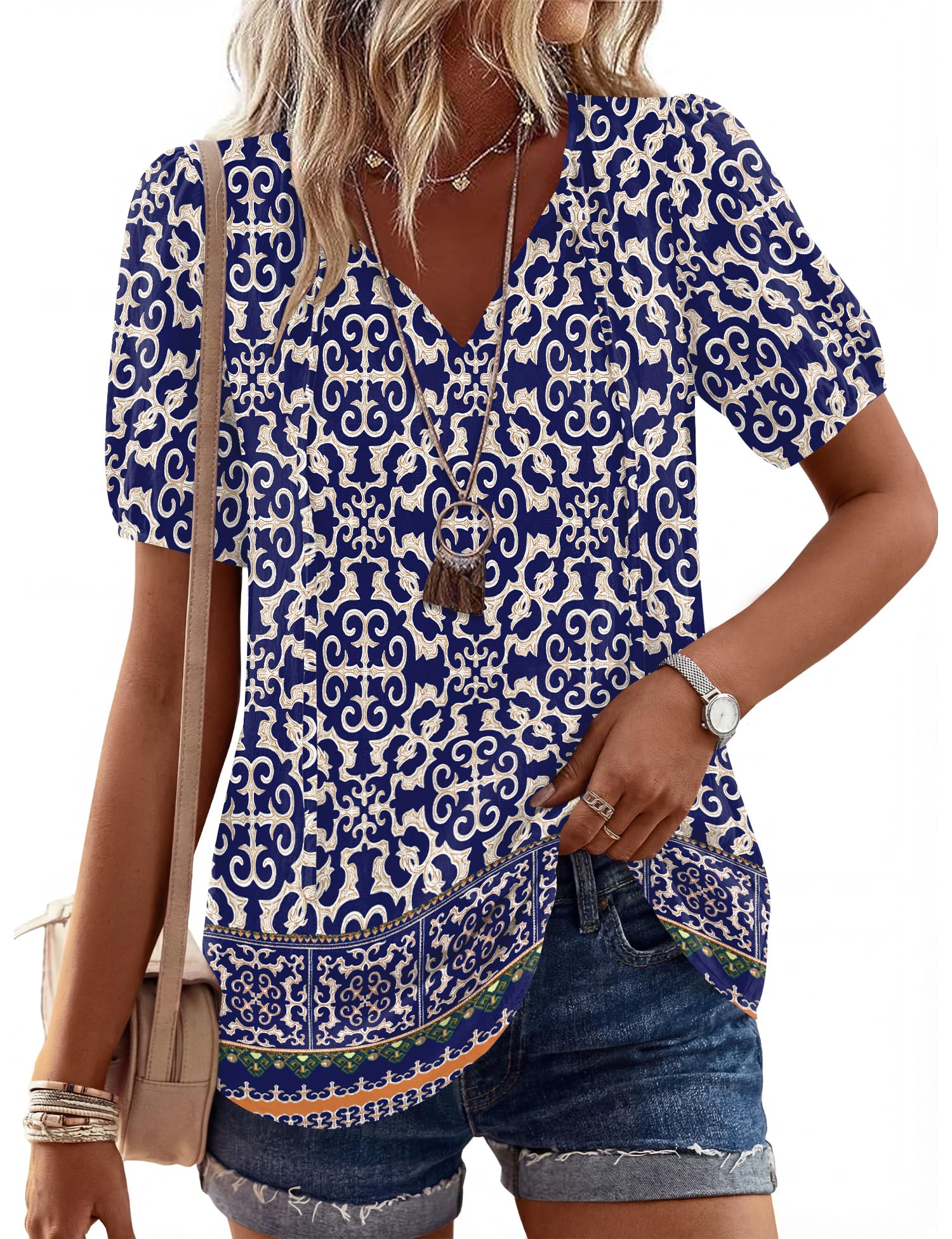 LOMON Boho Tops for Women Summer V-Neck Tie Front Peasant Blouses Casual Puff Sleeve Loose-Fit Flowy Shirts Beach Vacation