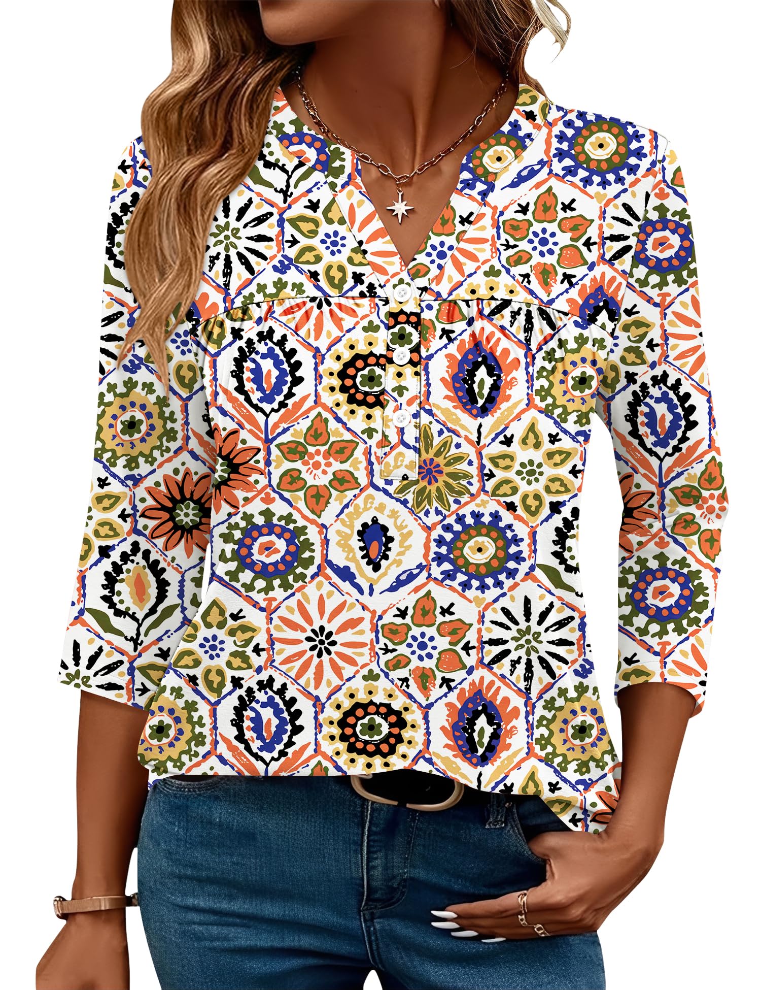 LOMON Womens Tops 3/4 Sleeve Botton Down Shirts Casual V Neck Tunic Blouses Pleated Fashion Summer Tees 2026 Trendy S-3XL