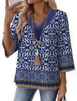 LOMON Women's 3/4 Length Sleeve Boho Tops V Neck Lace Summer Outfits Dressy Casual Flowy Shirts Vacation Clothes Blouses