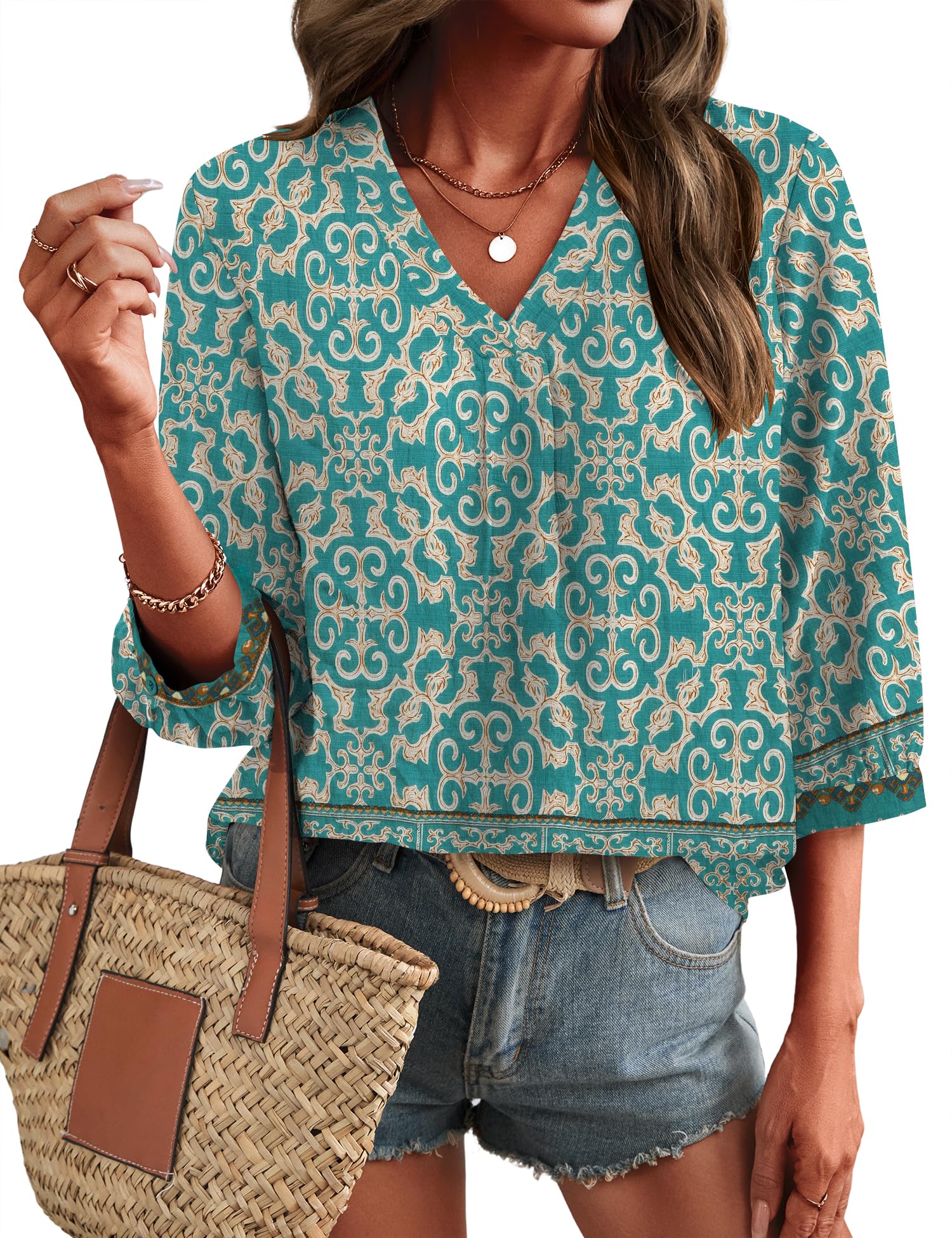 LOMON Womens 3/4 Sleeve V Neck Boho Peasant Blouses Dressy Casual Breathable Soft Tunic Tops with Button Cuffs