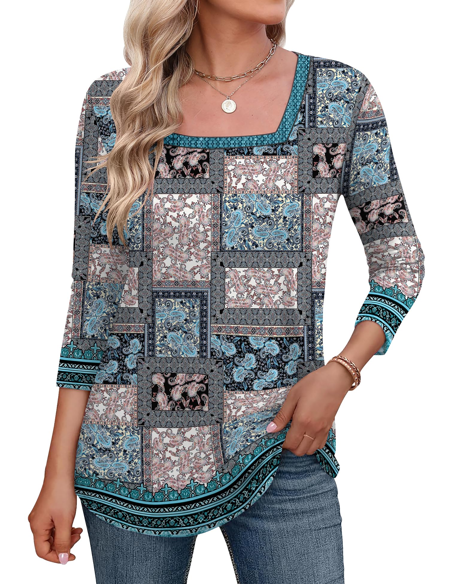 LOMON Women's 3/4 Sleeve Shirts Square Neck Summer Tops Dressy Casual Basic Tees Ladies T Shirts Blouses
