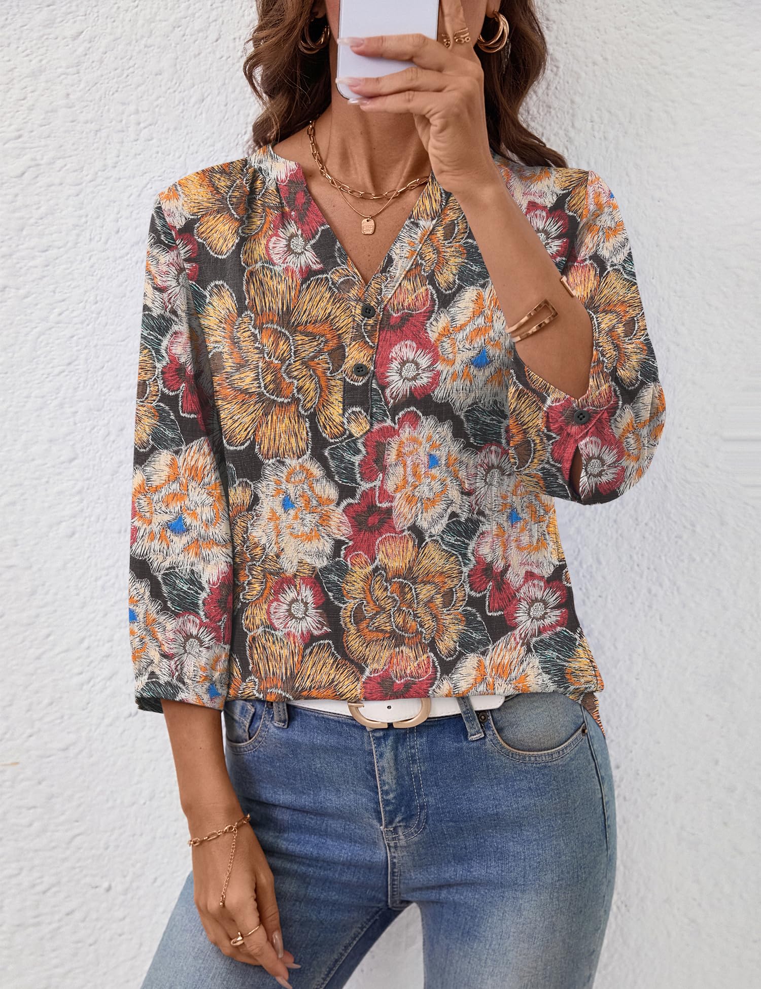 LOMON Womens Tops Dressy Summer 3/4 Length Sleeve Henley V Neck Button Down Shirts Pleated Blouses S-XXL