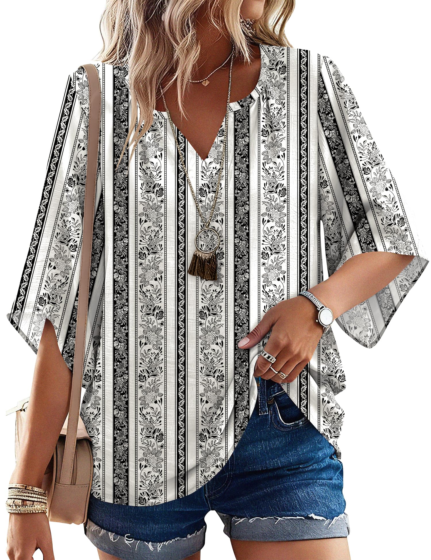 LOMON Women's 3/4 Length Sleeve Boho Tops V Neck Casual Vacation Clothes Loose Fit Tunic Shirts S-3XL