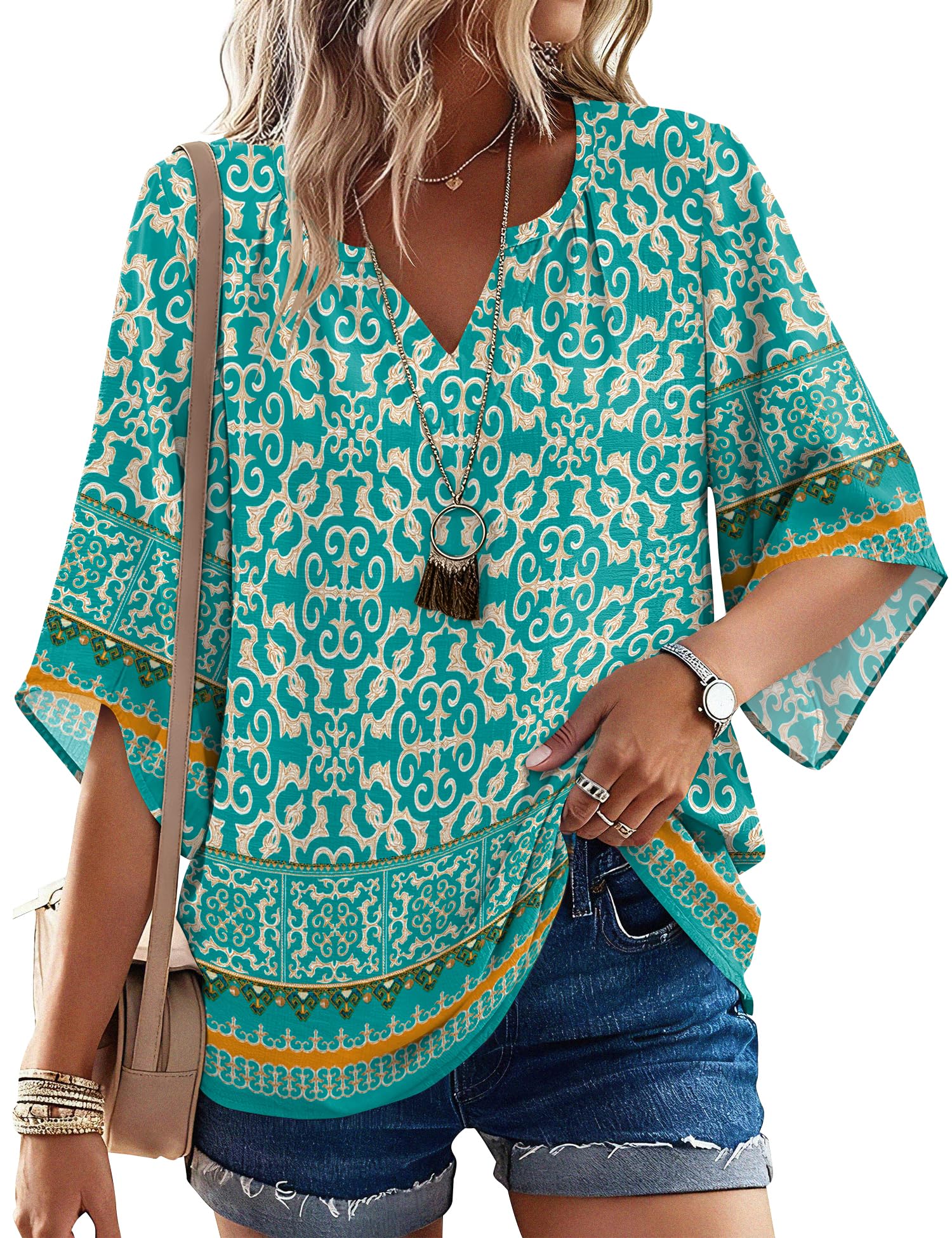 LOMON Women's 3/4 Length Sleeve Boho Tops V Neck Casual Vacation Clothes Loose Fit Tunic Shirts S-3XL