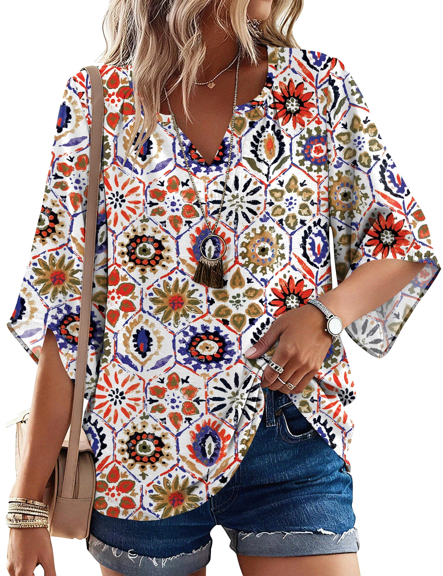 LOMON Women's 3/4 Length Sleeve Boho Tops V Neck Casual Vacation Clothes Loose Fit Tunic Shirts S-3XL