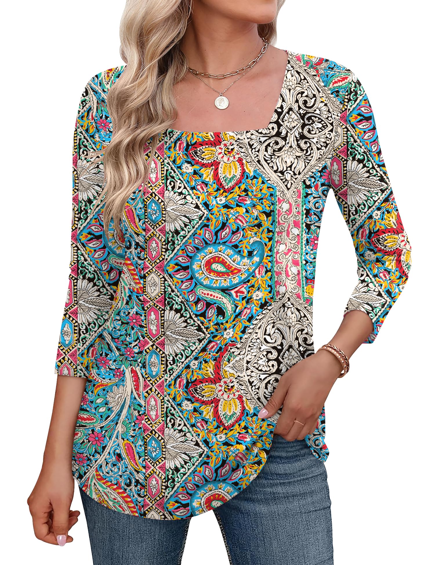 LOMON Women's 3/4 Sleeve Shirts Square Neck Summer Tops Dressy Casual Basic Tees Ladies T Shirts Blouses