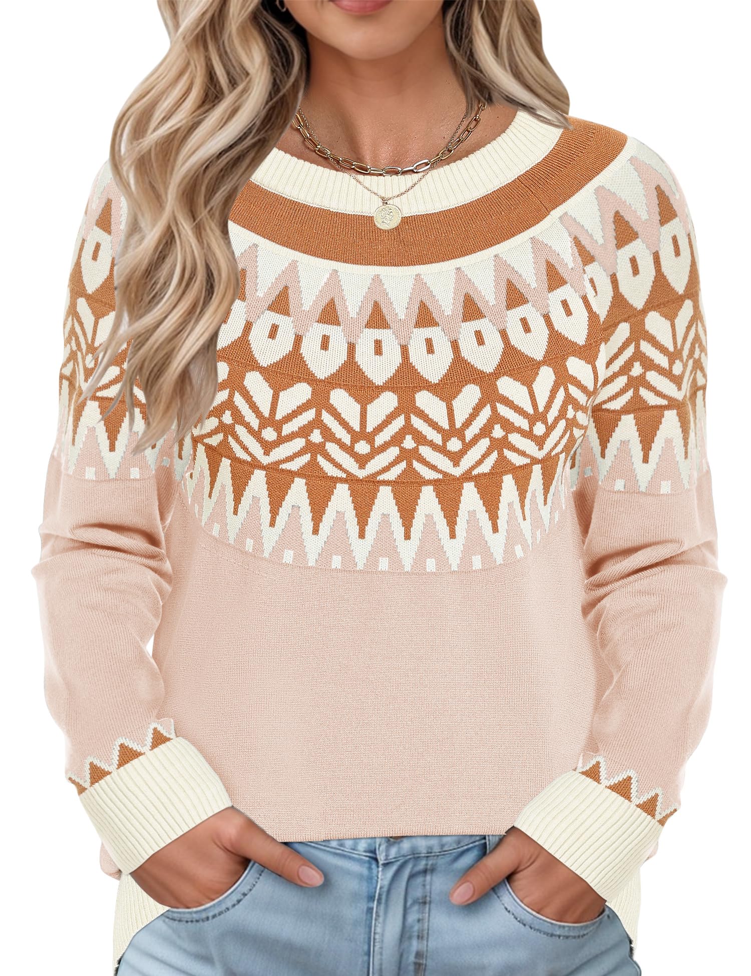 LOMON Womens Casual Lightweight Vintage Fair Isle Sweater Raglan Sleeve Crew Neck Knitted Pullover Comfy Warm Fall Tops