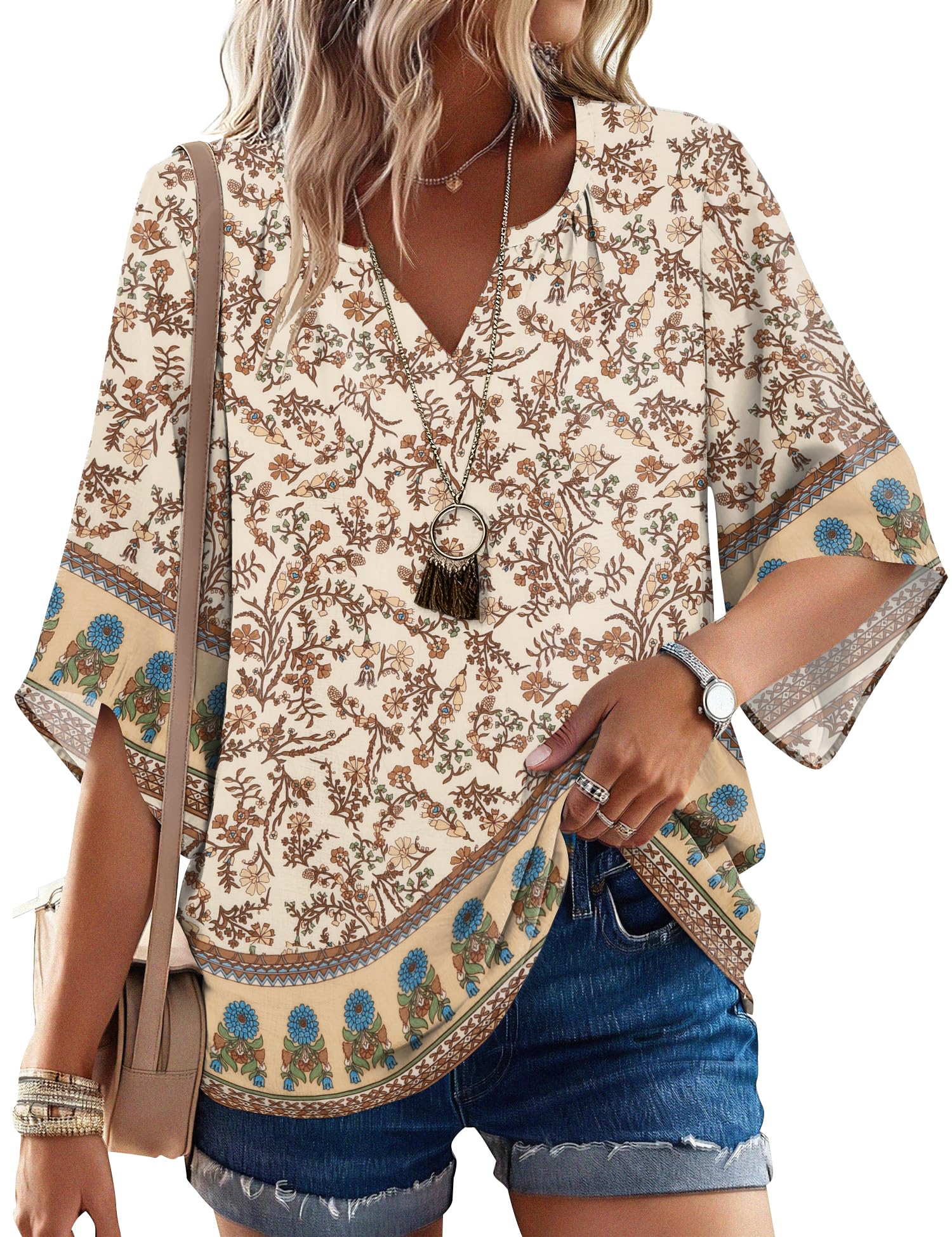 LOMON Women's 3/4 Length Sleeve Boho Tops V Neck Casual Vacation Clothes Loose Fit Tunic Shirts S-3XL
