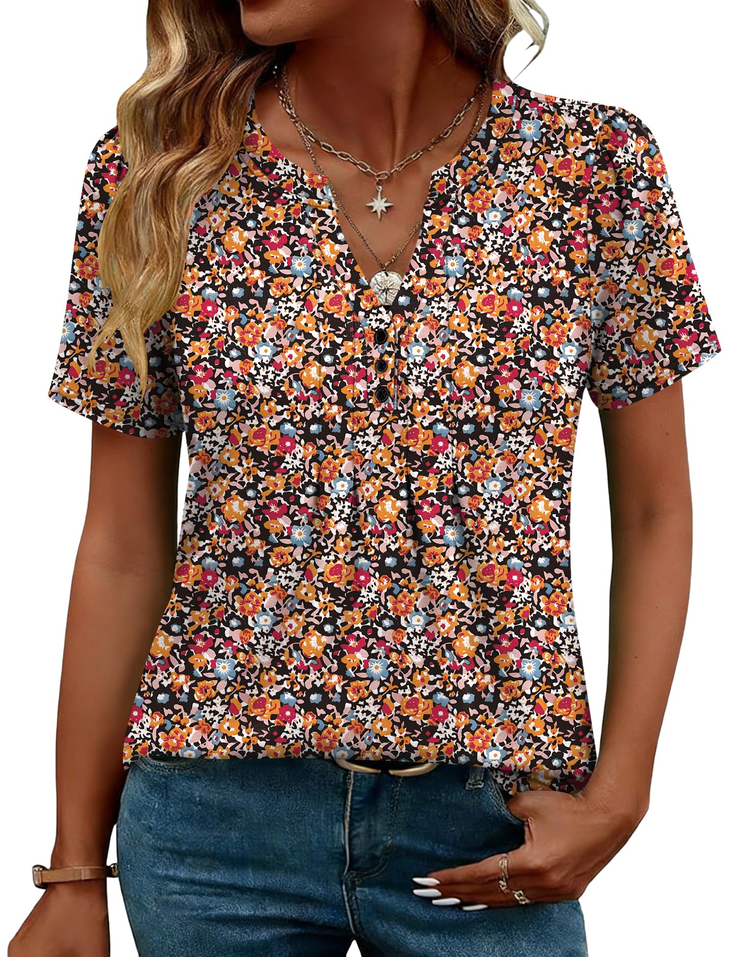 LOMON Womens Tops Dressy Casual V Neck Short Sleeve Shirts Summer Pleated Blouses Button Down Tunic Loose Fit