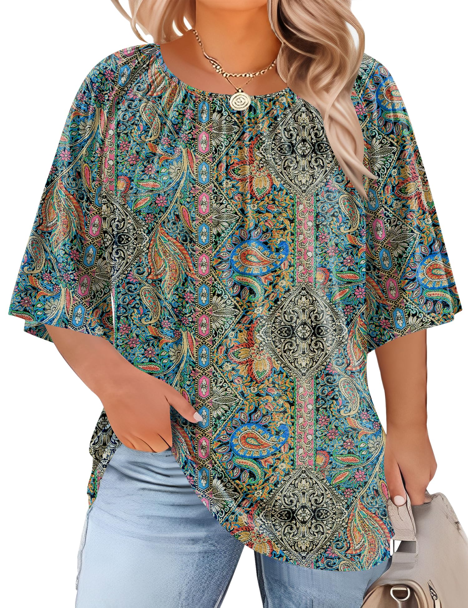 LOMON Womens Plus Size Tops Summer 3/4 Length Sleeve Crewneck Blouses Dressy Casual Loose Curvy Flowy Tunic Shirts 1X-5X