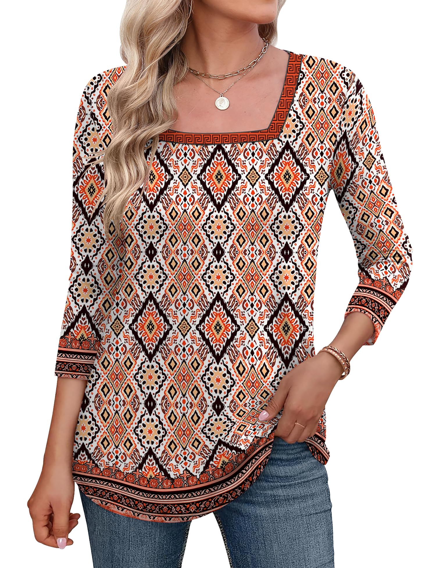 LOMON Women's 3/4 Sleeve Shirts Square Neck Summer Tops Dressy Casual Basic Tees Ladies T Shirts Blouses