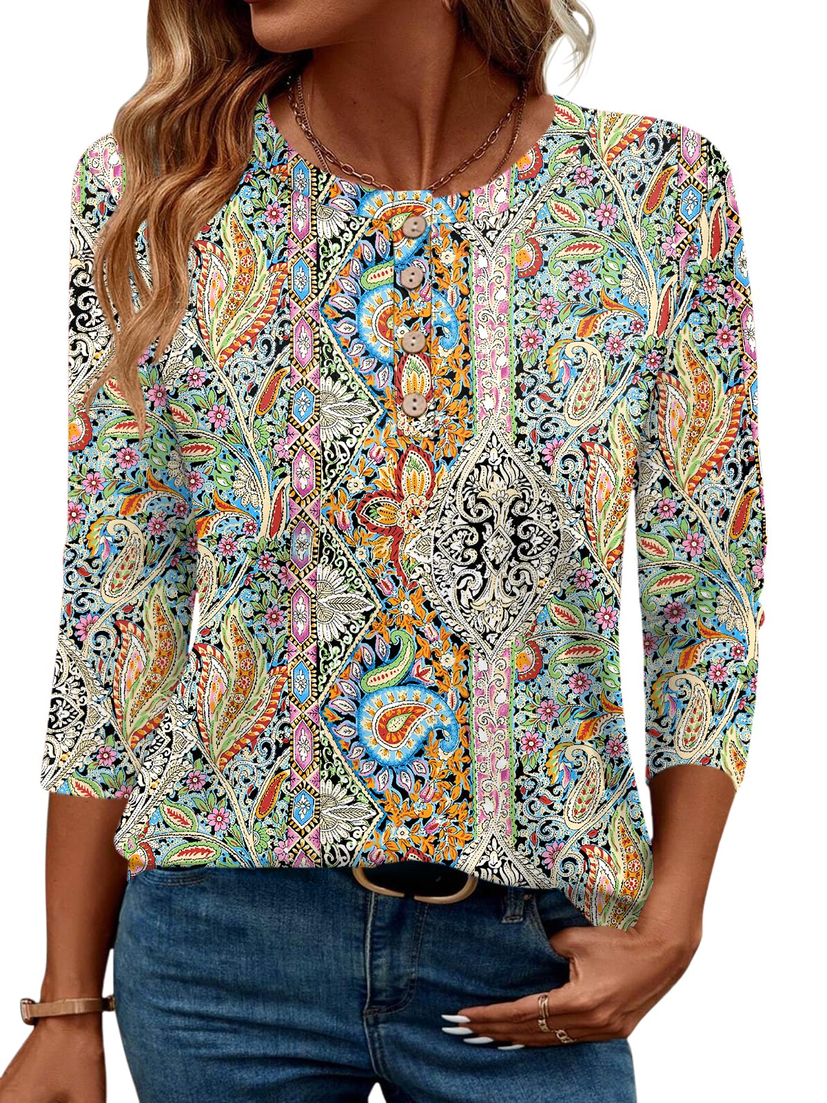 LOMON 3/4 Length Sleeve Womens Tops Dressy Casual Crewneck Pullover Tunics Summer Cute Blouses Fashion 2025 Tees Shirts