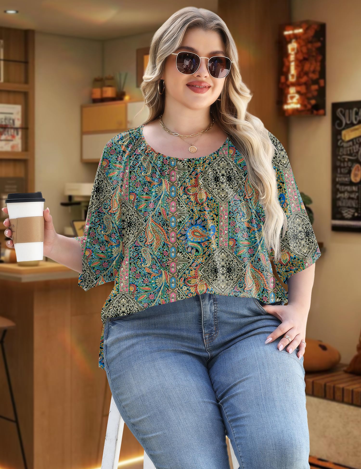 LOMON Womens Plus Size Tops Summer 3/4 Length Sleeve Crewneck Blouses Dressy Casual Loose Curvy Flowy Tunic Shirts 1X-5X