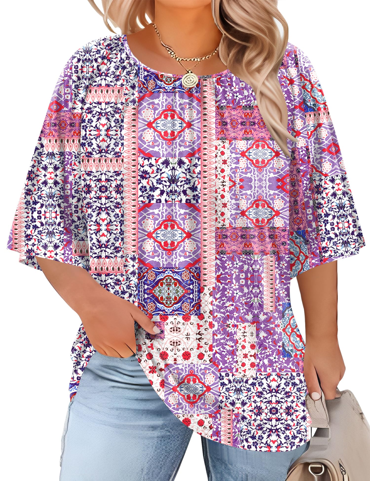 LOMON Womens Plus Size Tops Summer 3/4 Length Sleeve Crewneck Blouses Dressy Casual Loose Curvy Flowy Tunic Shirts 1X-5X