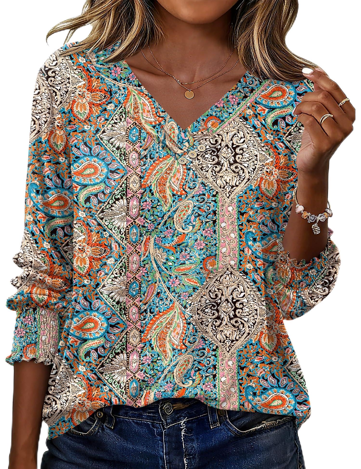 LOMON Blouses for Women Dressy Casual 3/4 Length Sleeve Womens Tops with Buttons Decor