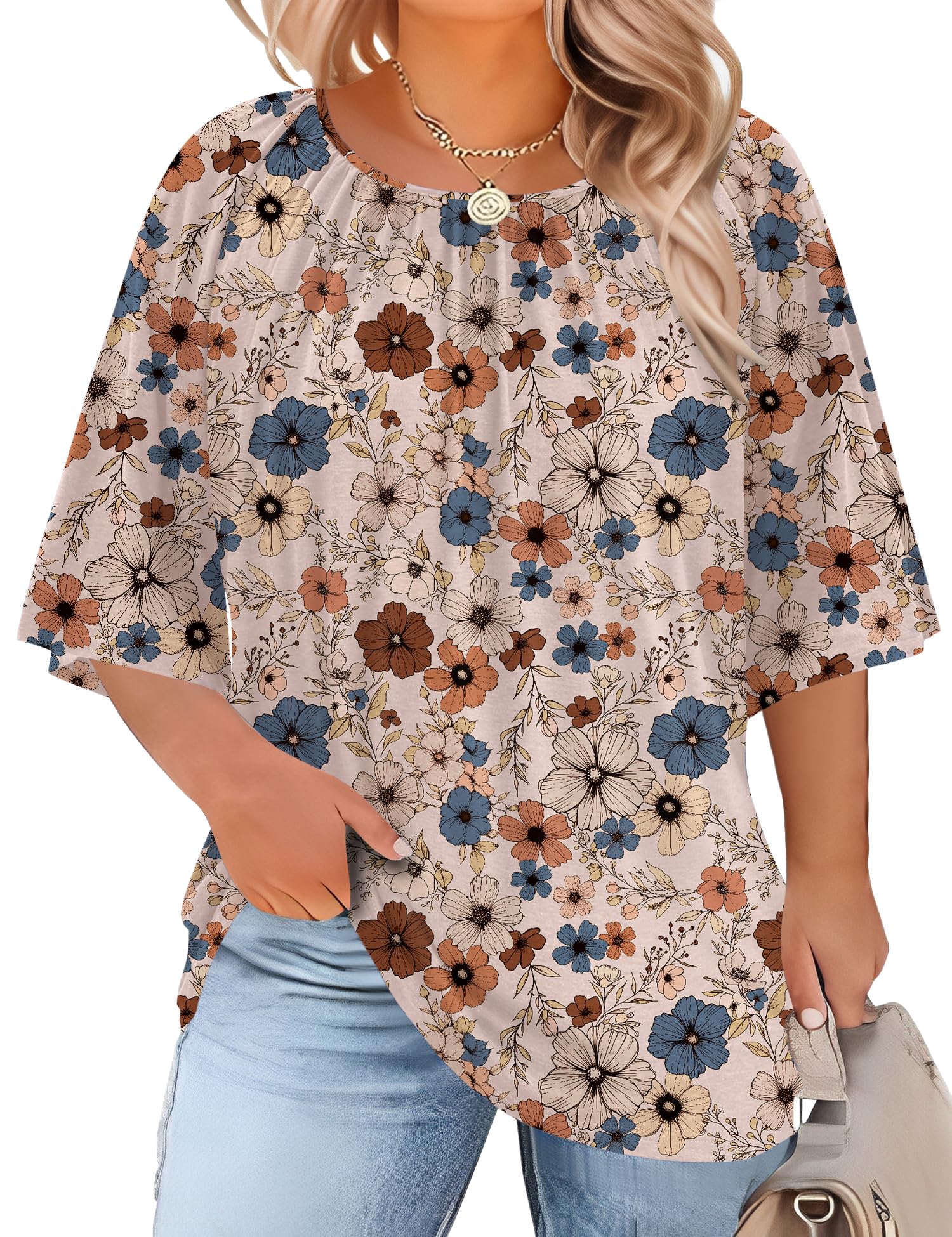 LOMON Womens Plus Size Tops Summer 3/4 Length Sleeve Crewneck Blouses Dressy Casual Loose Curvy Flowy Tunic Shirts 1X-5X