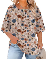 LOMON Womens Plus Size Tops Summer 3/4 Length Sleeve Crewneck Blouses Dressy Casual Loose Curvy Flowy Tunic Shirts 1X-5X