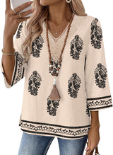 LOMON Women's 3/4 Length Sleeve Boho Tops V Neck Lace Summer Outfits Dressy Casual Flowy Shirts Vacation Clothes Blouses